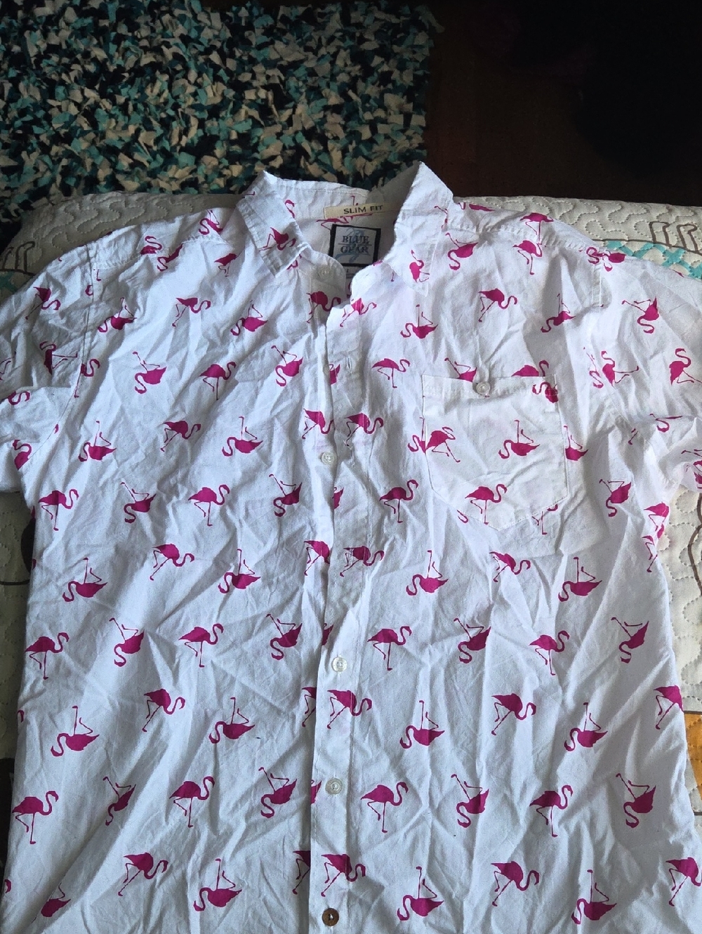 Blue Grar Slim Fit White Shirt with Pink Flamingo Print
